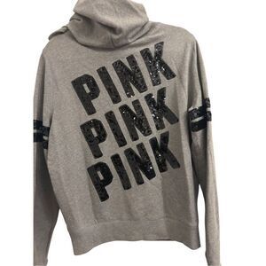 Vintage Y2K Victoria's Secret PINK Black Sequin bling Full zip Hoodie L Gray